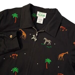 Quacker Factory Jacket Womens Medium Black Safari Jungle Zoo Animals Embroidered